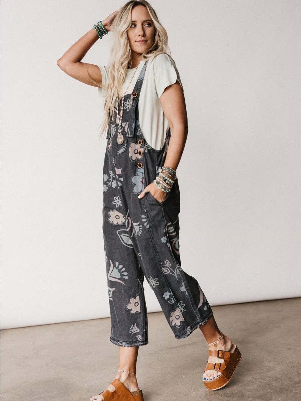 Three bird Nest Womens Floral Print Charcoal Overalls